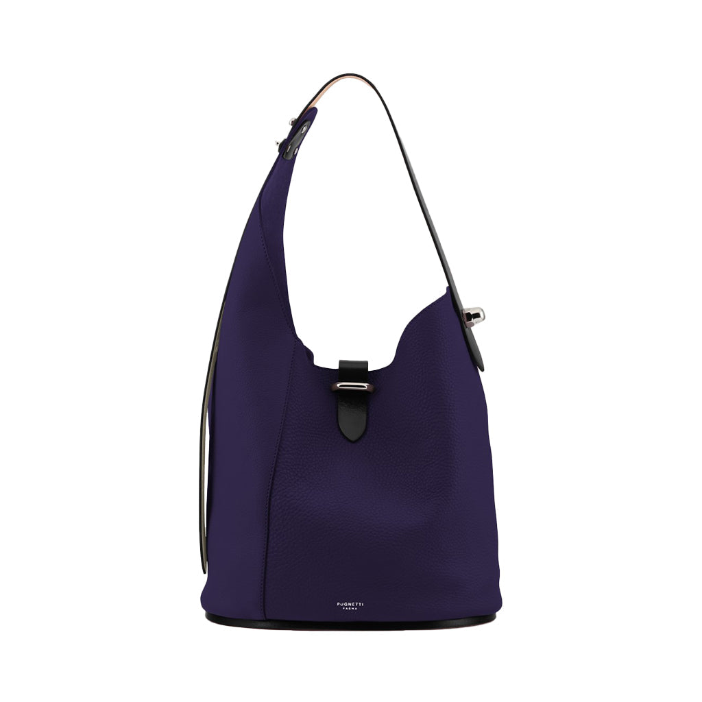 Elegant purple leather bucket bag with shoulder strap and front buckle