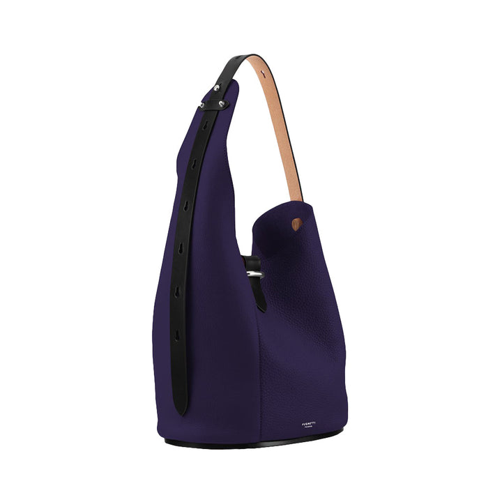 Elegant purple leather shoulder bag with black strap