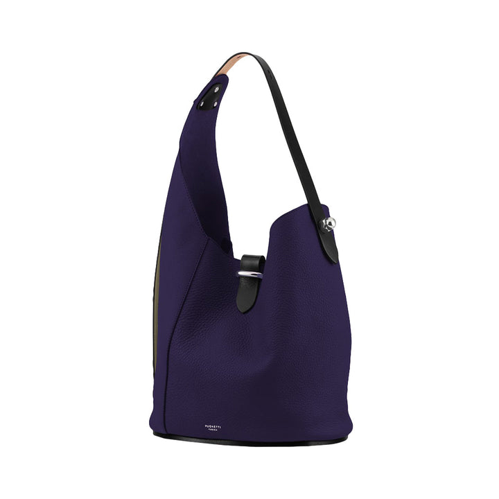 Purple leather shoulder bag with black strap and silver buckle