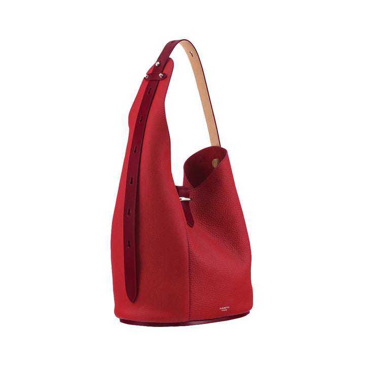 Red leather bucket bag with adjustable strap