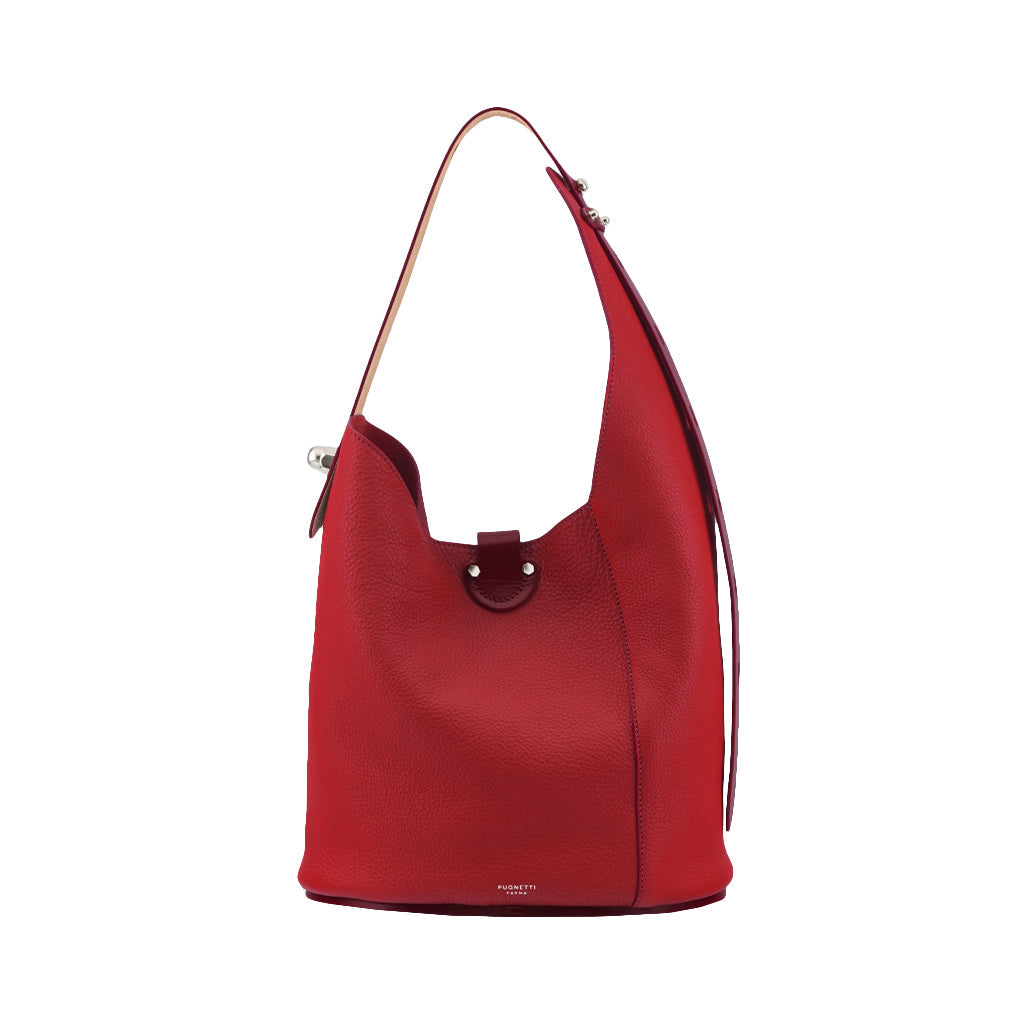 Red leather bucket bag with shoulder strap