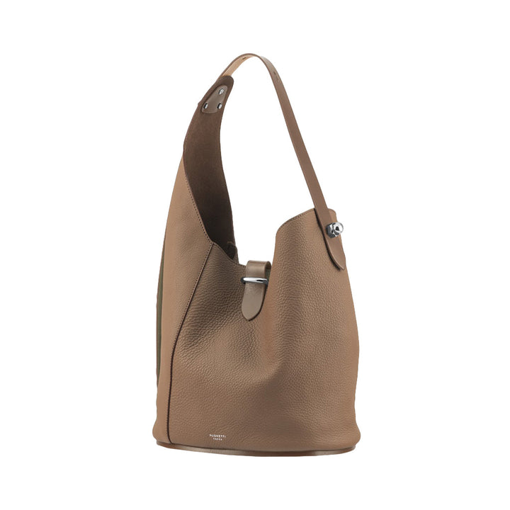 Brown leather shoulder bag with metal clasp and single strap