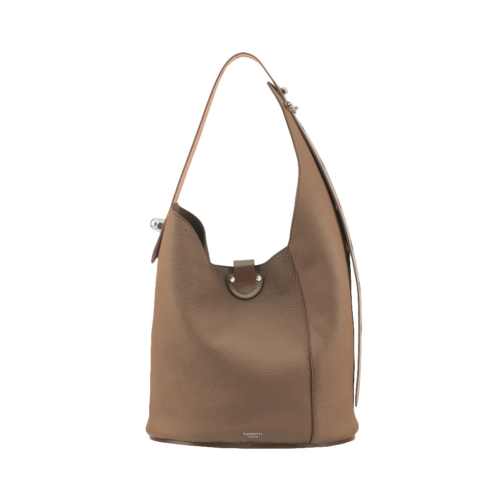 Brown leather hobo bag with single shoulder strap and silver hardware