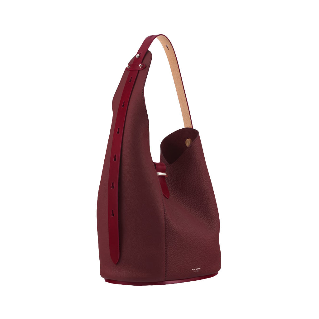 Elegant maroon leather bucket bag with adjustable strap