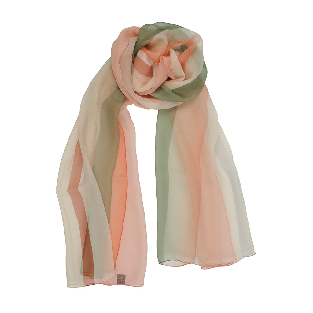 Sheer pastel-colored chiffon scarf with pink, green, and beige hues