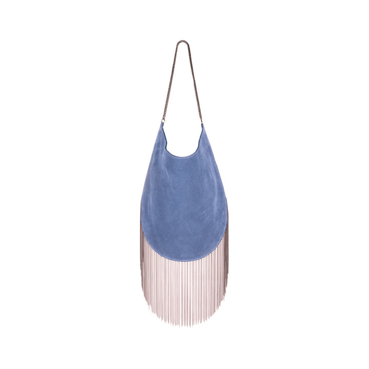 Blue suede handbag with fringe detailing and chain strap
