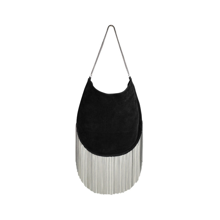 Black suede shoulder bag with silver fringe detailing