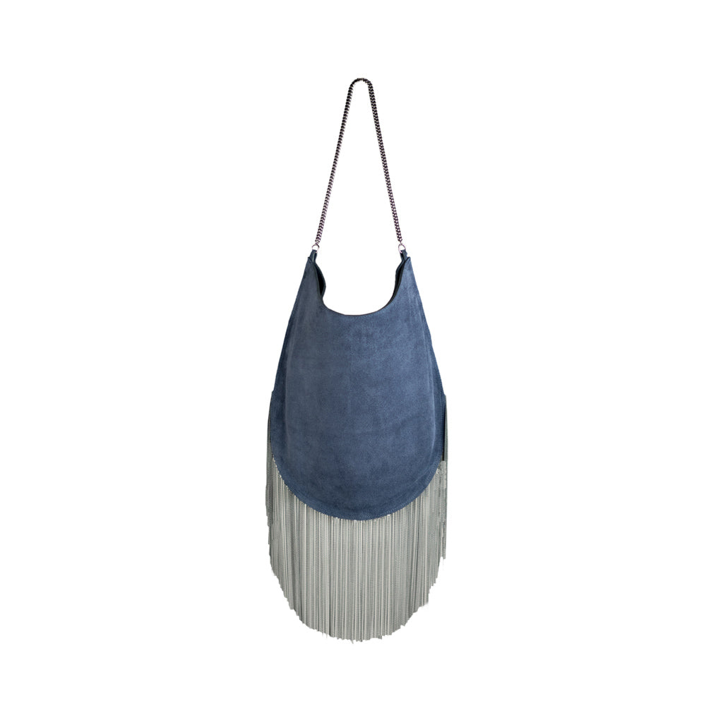 Blue suede shoulder bag with fringes and chain strap