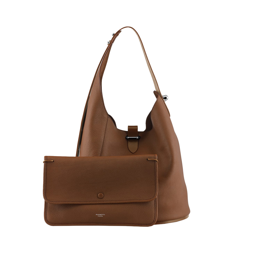 Brown leather handbag and clutch set with buckle detail