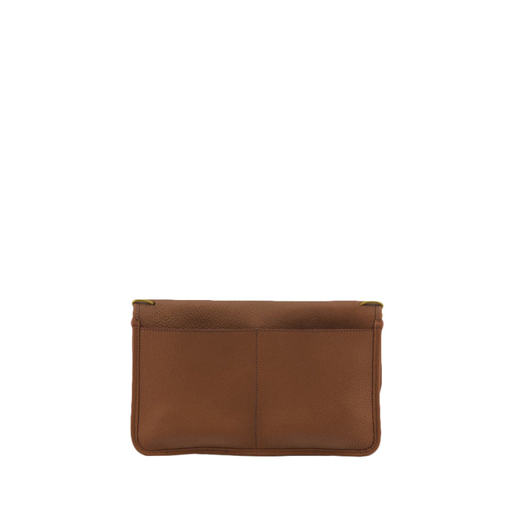 Brown leather clutch bag with front pockets on white background