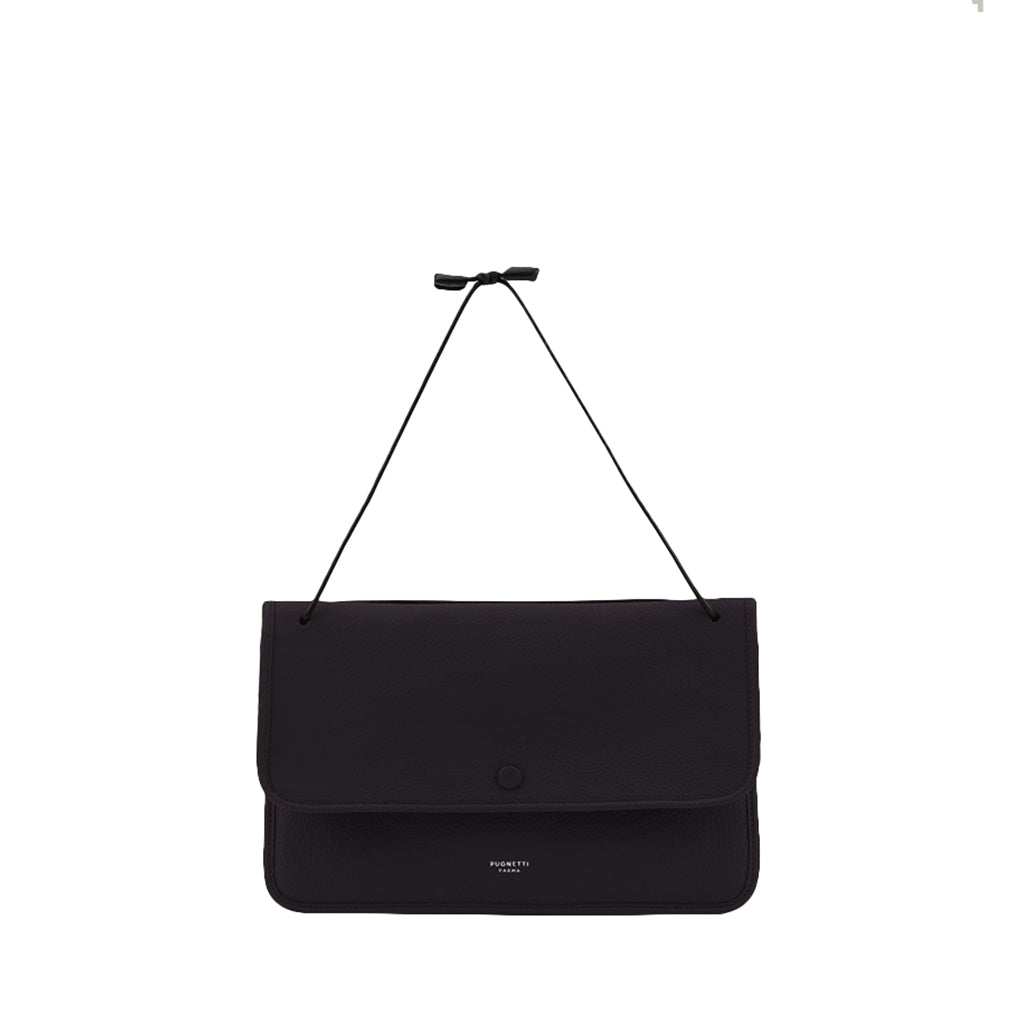 Elegant black leather handbag with minimalist design and thin shoulder strap