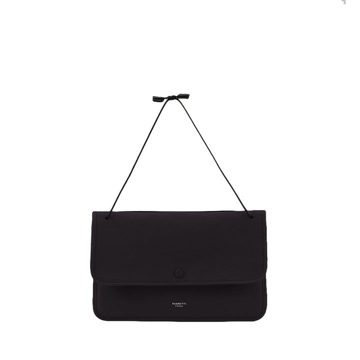 Elegant black leather handbag with minimalist design and thin shoulder strap