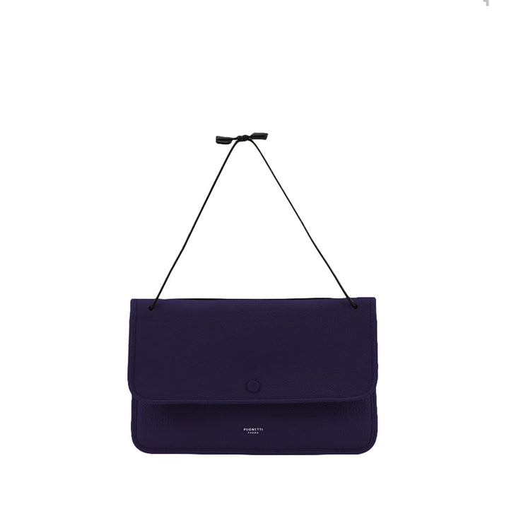 Elegant purple clutch bag with black strap against white background