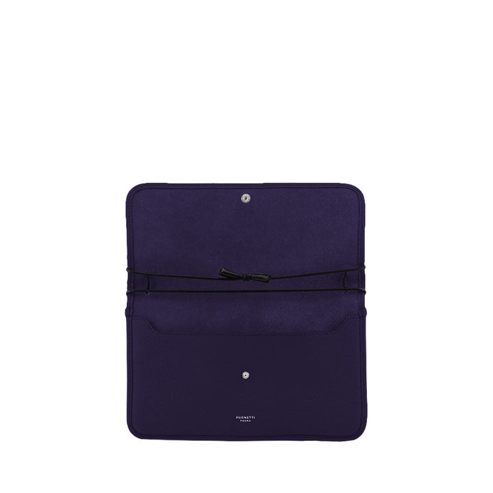 Open purple leather portfolio case with button clasp and interior elastic strap