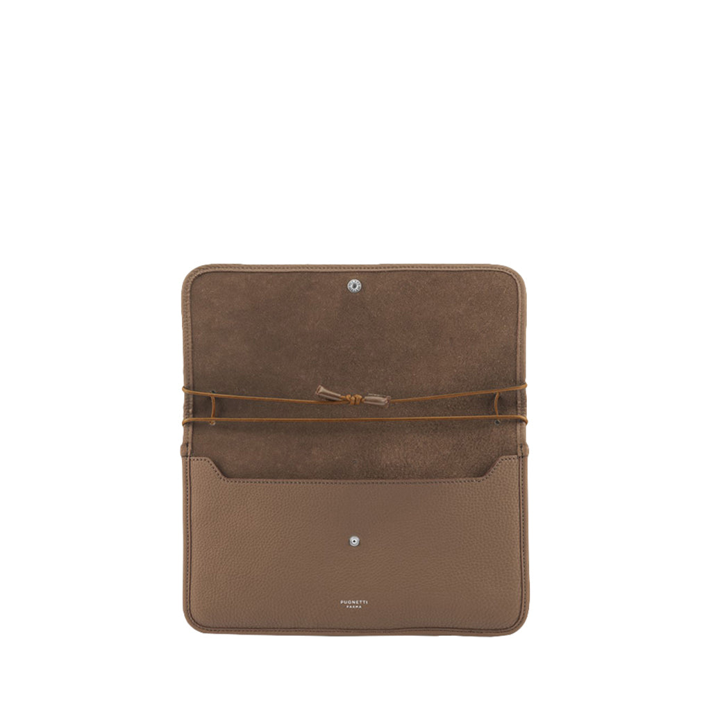 Open brown leather wallet with interior compartments and button closure