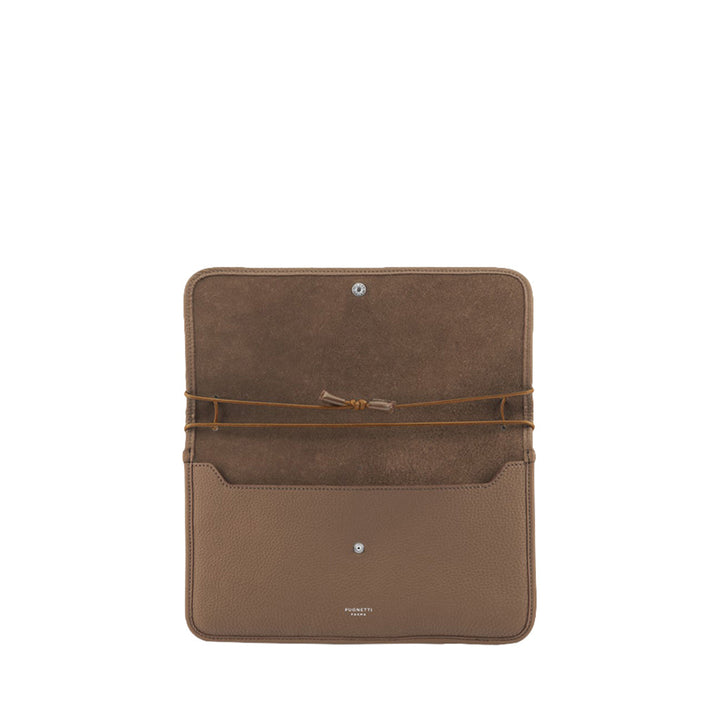 Open brown leather wallet with interior compartments and button closure