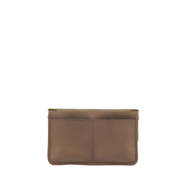 Brown leather clutch bag with front pockets