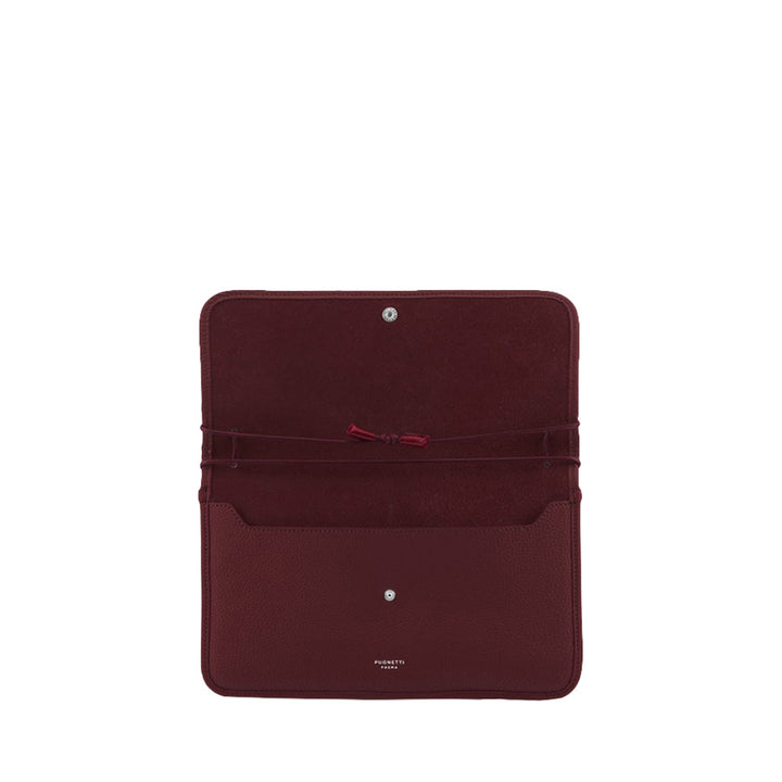 Open maroon leather pouch with button closure and inner compartments