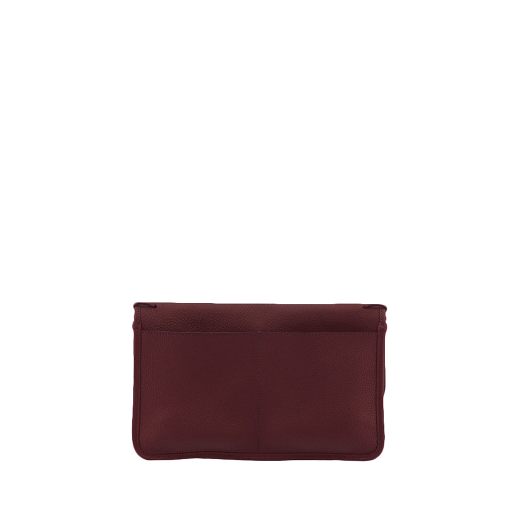 Maroon leather clutch bag with textured finish and front pocket