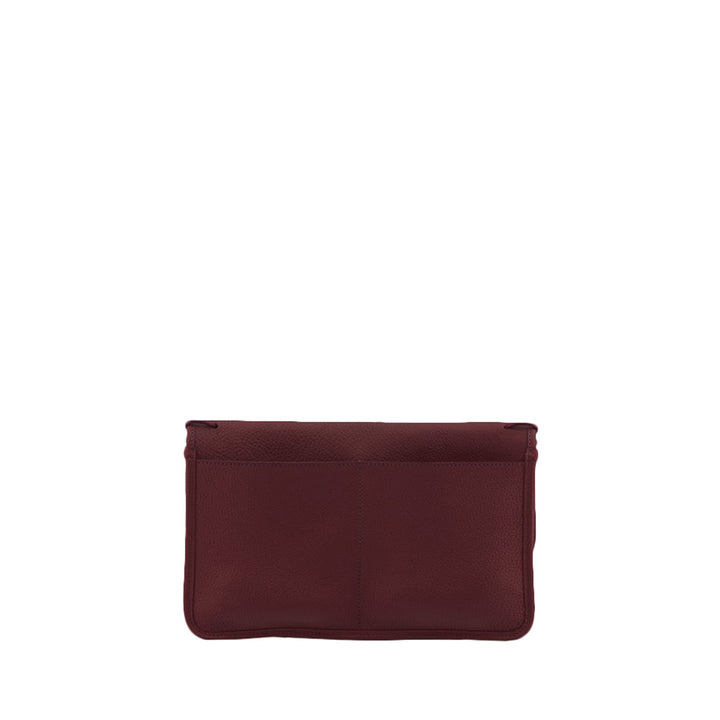 Maroon leather clutch bag with textured finish and front pocket