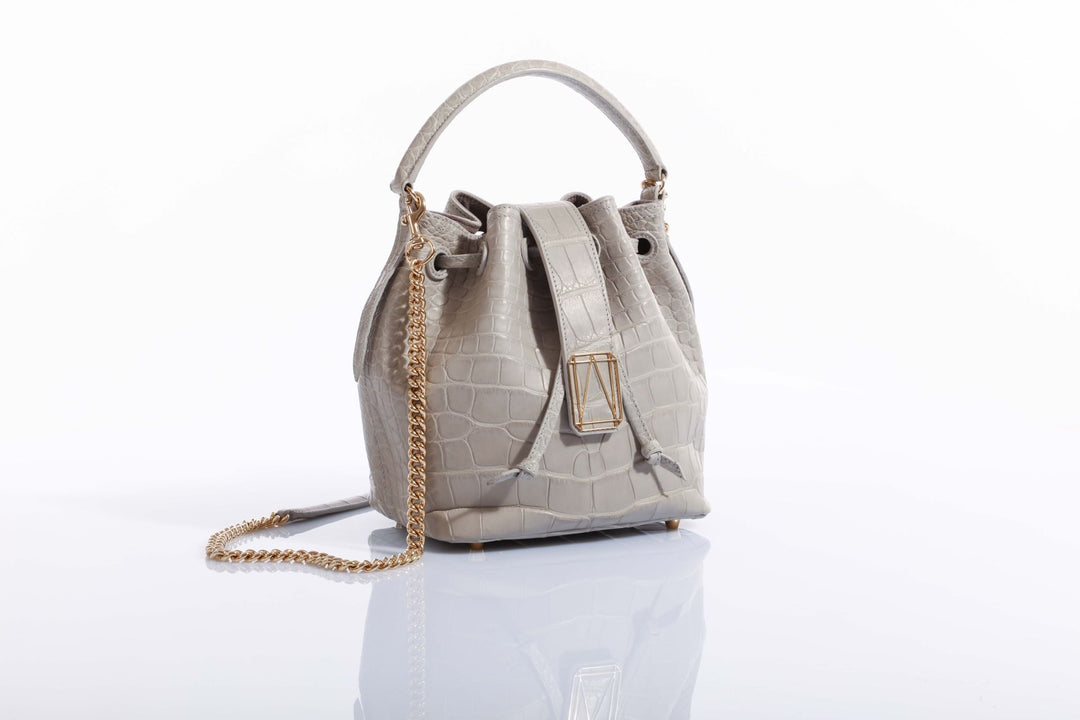 Gray crocodile-patterned leather handbag with gold chain