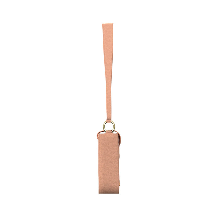 Pink fabric keychain with gold metal ring and strap