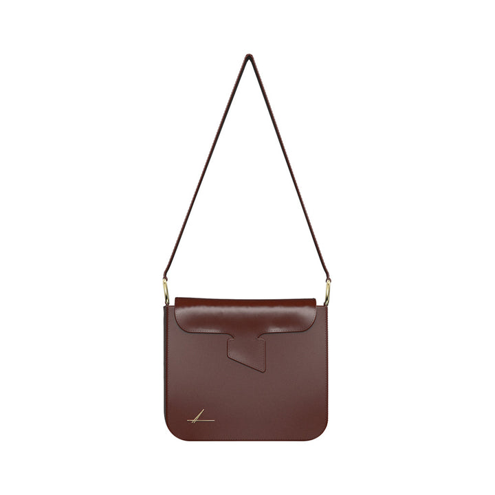Elegant brown leather shoulder bag with flap closure and gold accents