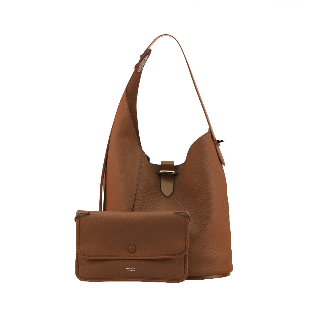 Brown leather tote bag and matching clutch set