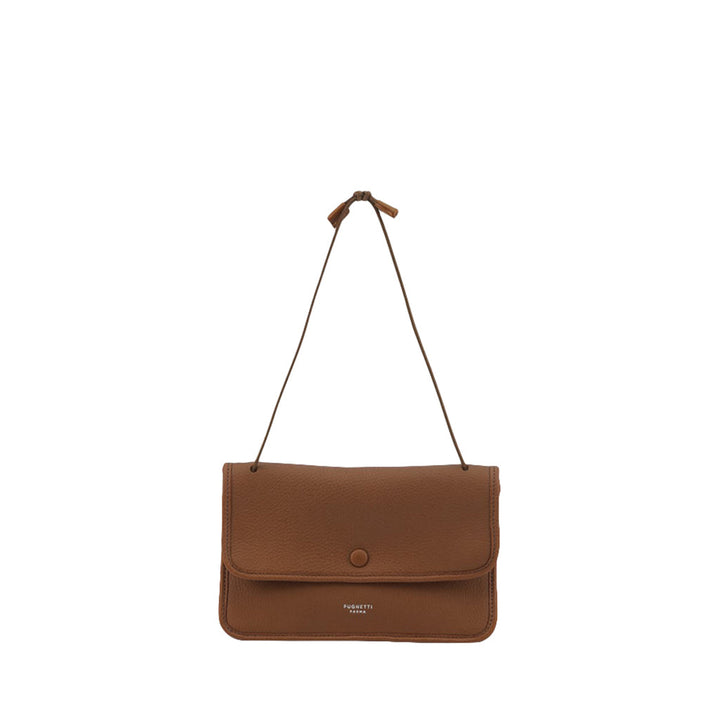 Brown leather purse with shoulder strap against white background