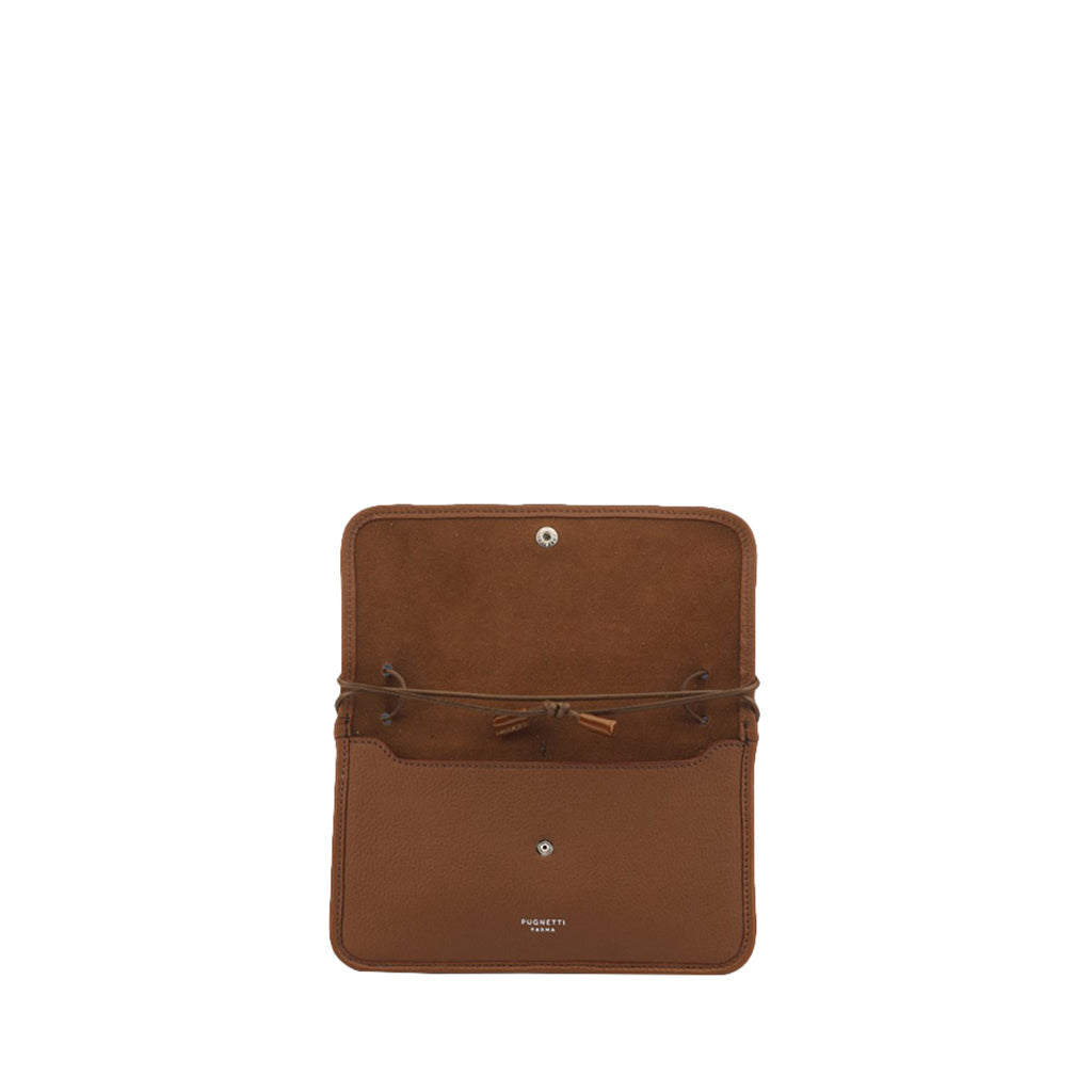 Open brown leather wallet with a snap button and interior pockets