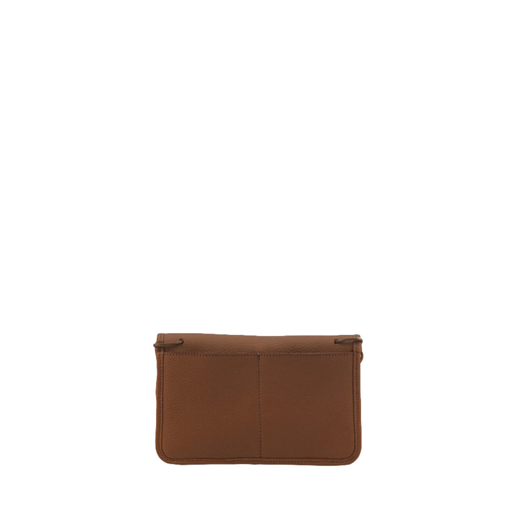 Brown leather pouch with front pockets on white background