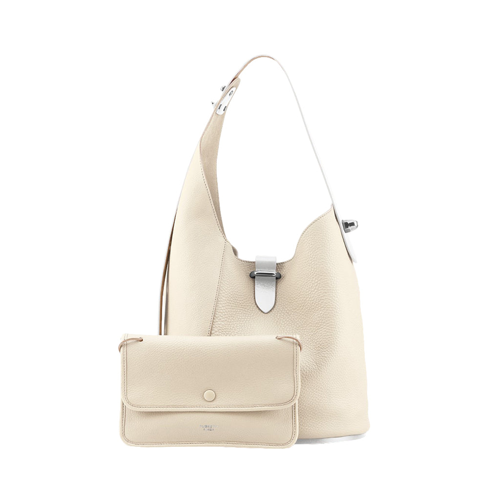 Beige leather handbag with matching clutch