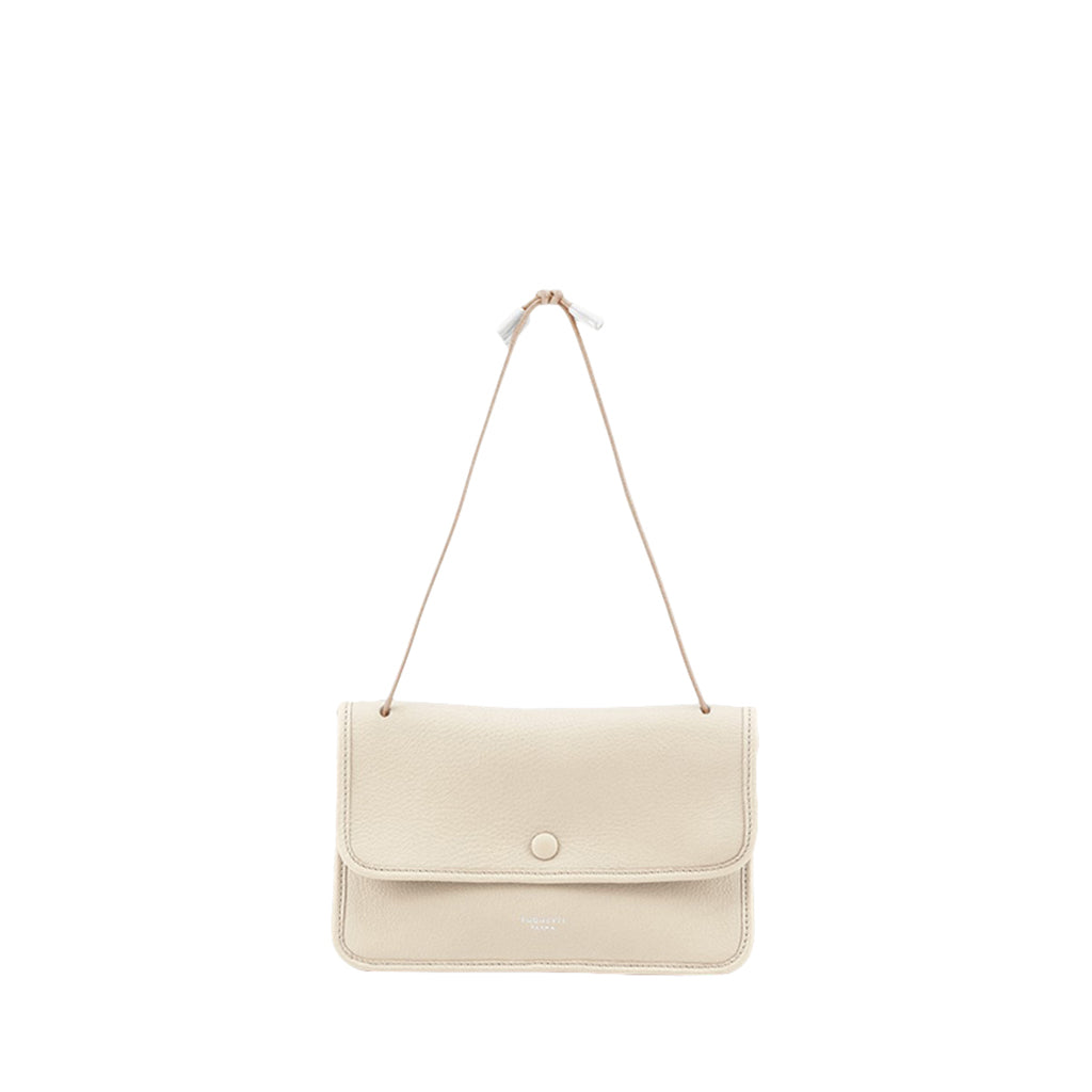 Elegant beige leather shoulder bag with front flap and thin strap