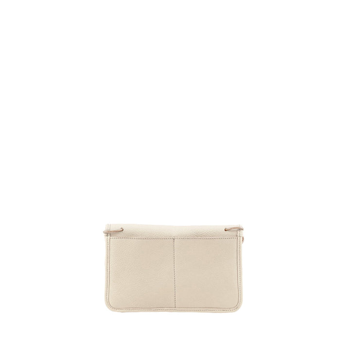 Beige leather clutch bag with a minimalist design against a white background