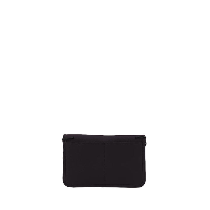 Black leather clutch bag against white background