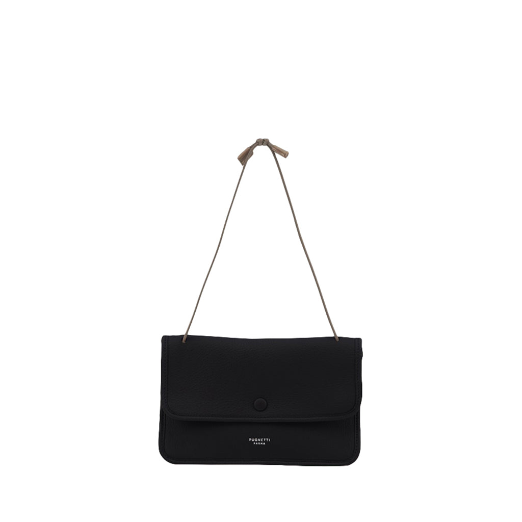 Black leather purse with shoulder strap against white background
