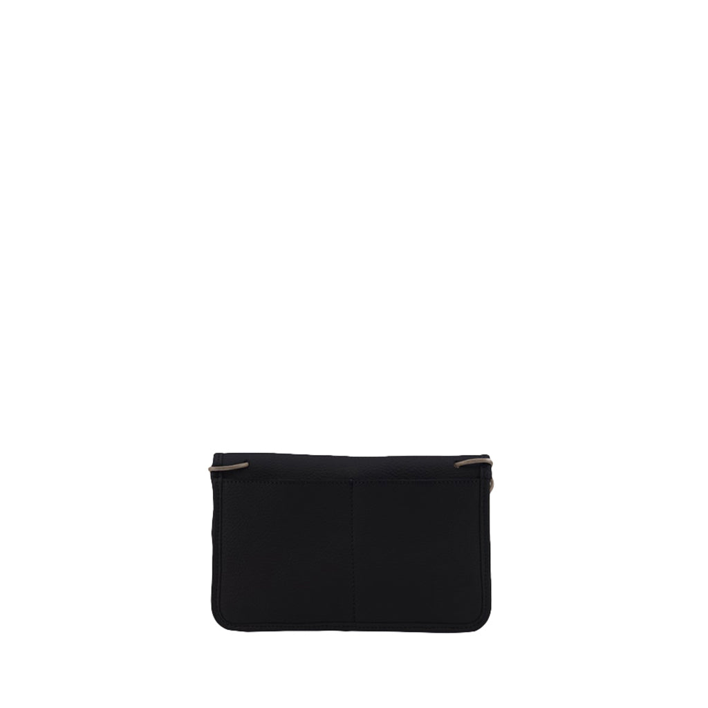 Black leather clutch bag on white background