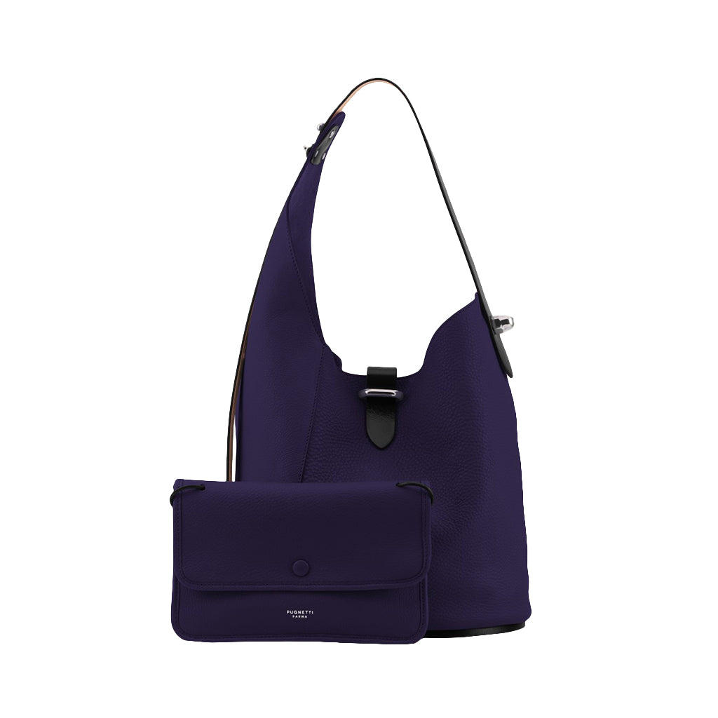 Purple designer handbag and matching clutch set