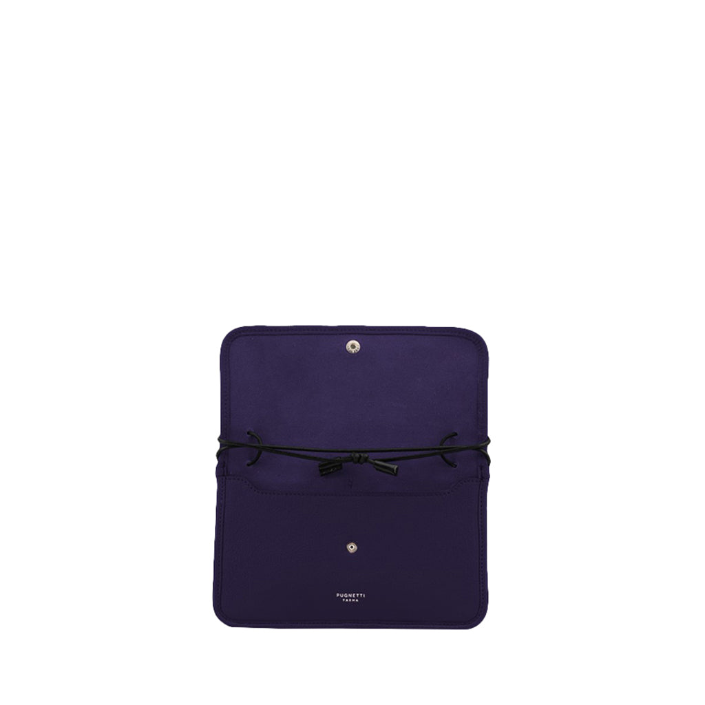 Purple open leather pouch with black drawstrings and snap button closure