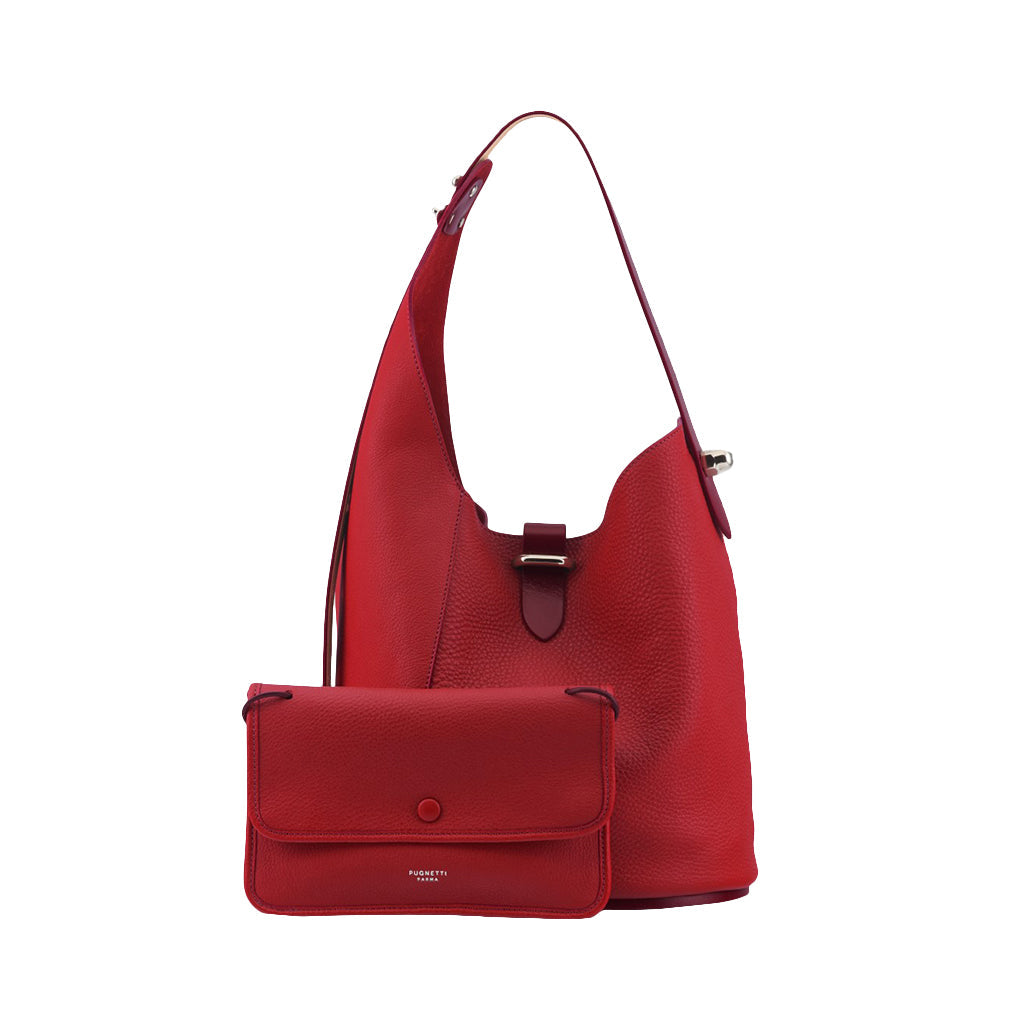 Red leather handbag and matching red clutch