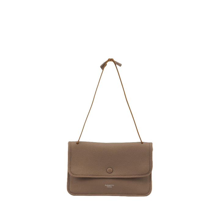 Minimalist brown leather handbag with shoulder strap