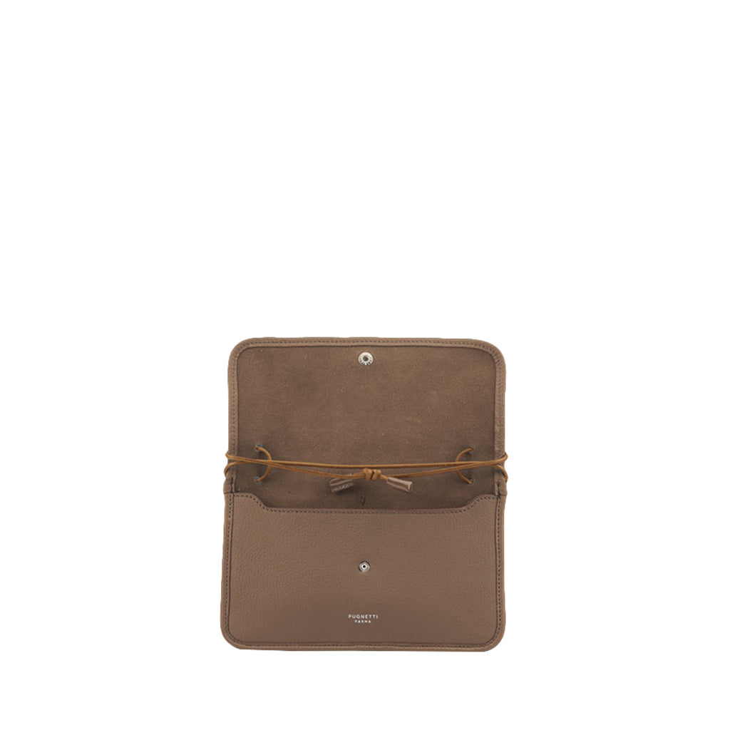 Brown leather wallet with string tie closure, open to reveal interior compartments