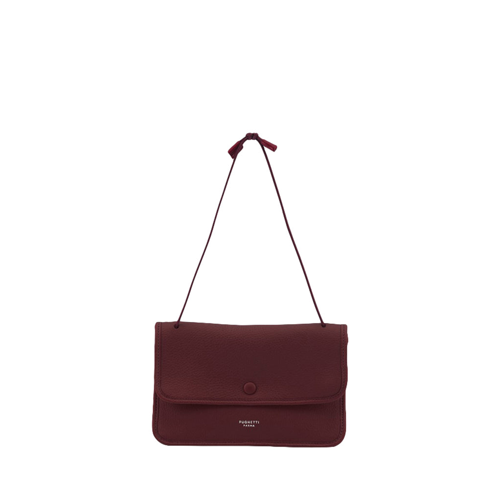 Dark red leather handbag with strap and front flap closure