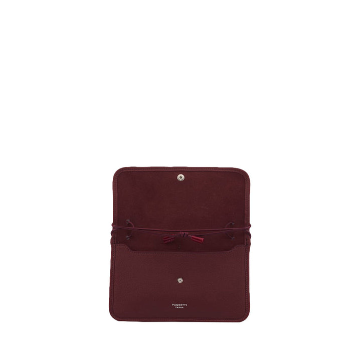 Maroon leather handbag with open flap revealing interior, by Piquadro