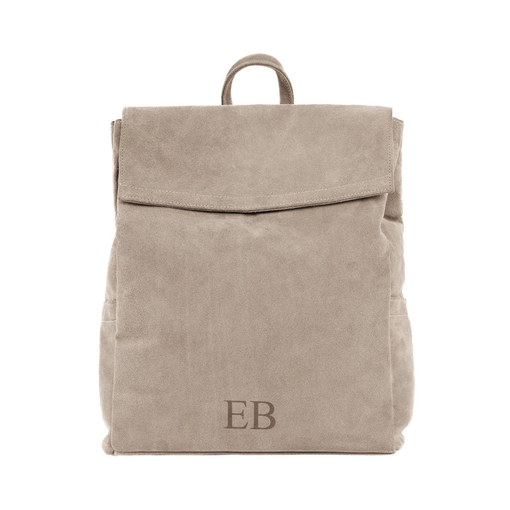 Beige suede backpack with top flap and EB initials