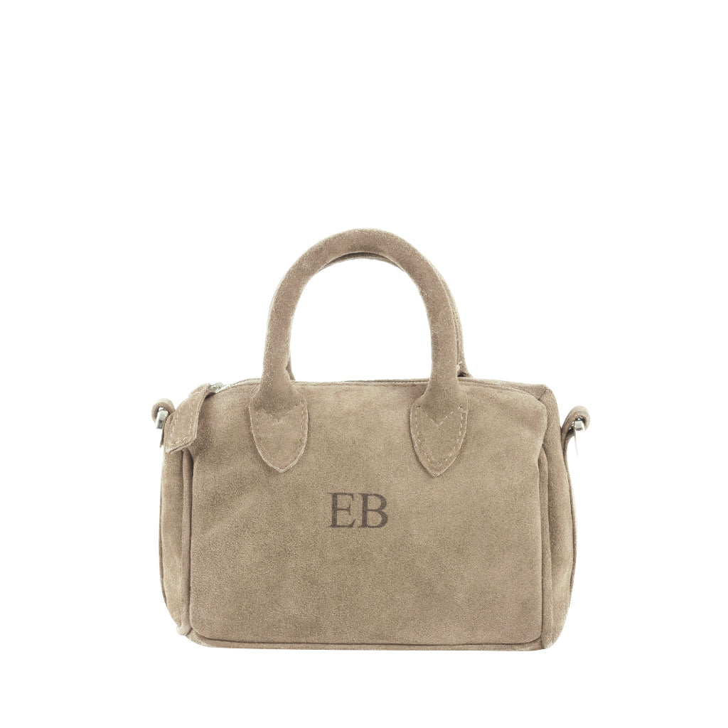 Beige suede handbag with EB initials and dual handles