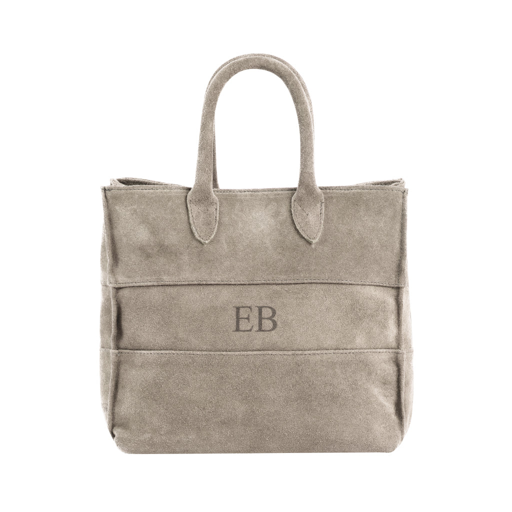 Gray suede tote bag with embossed EB initials