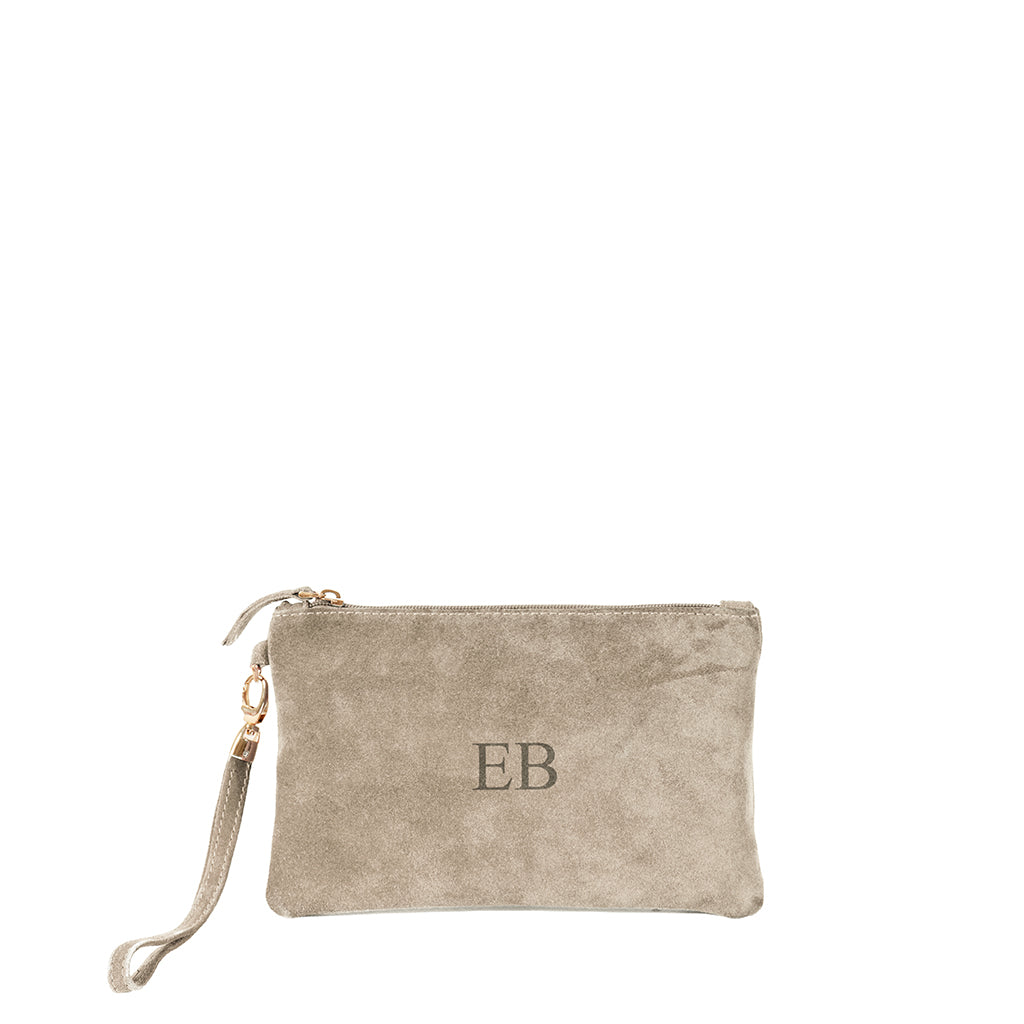 Beige suede clutch with wrist strap and embossed initials EB