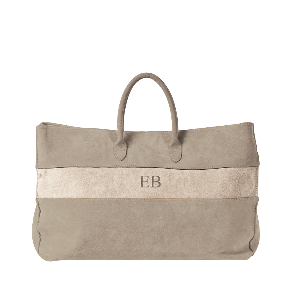 Tan suede tote bag with monogram EB and dual handles