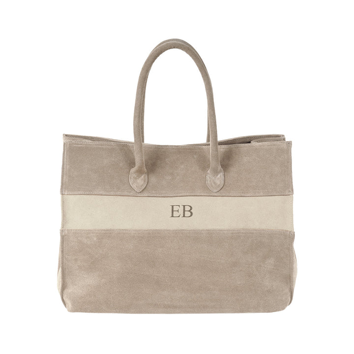 Beige suede tote bag with handle and EB initials in center